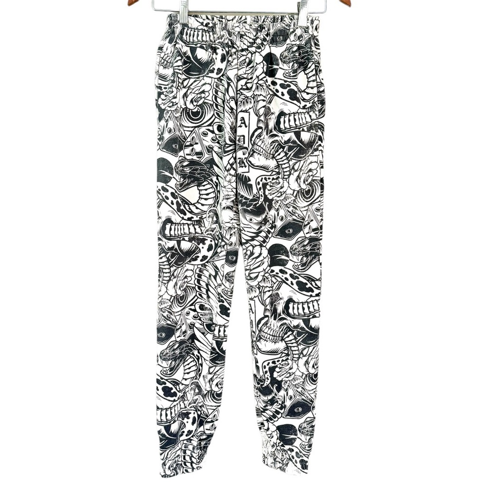 ❤️5/$25 Adika Tattoo Grunge Snake Skull Print Cotton Blend Sweat Pants Beige XS
